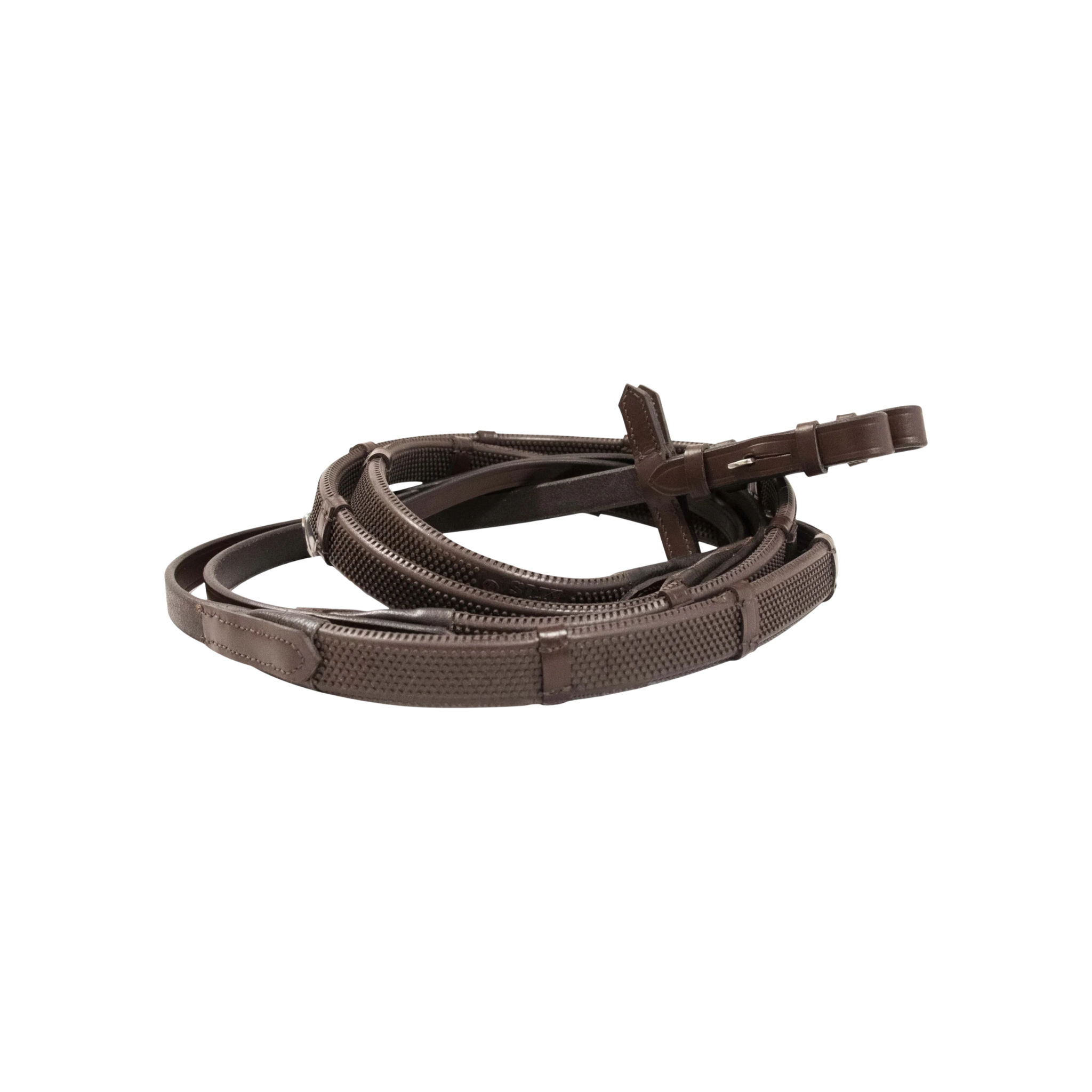 TdeT - Rênes caoutchouc petits picots à arrêtoirs havane foncé