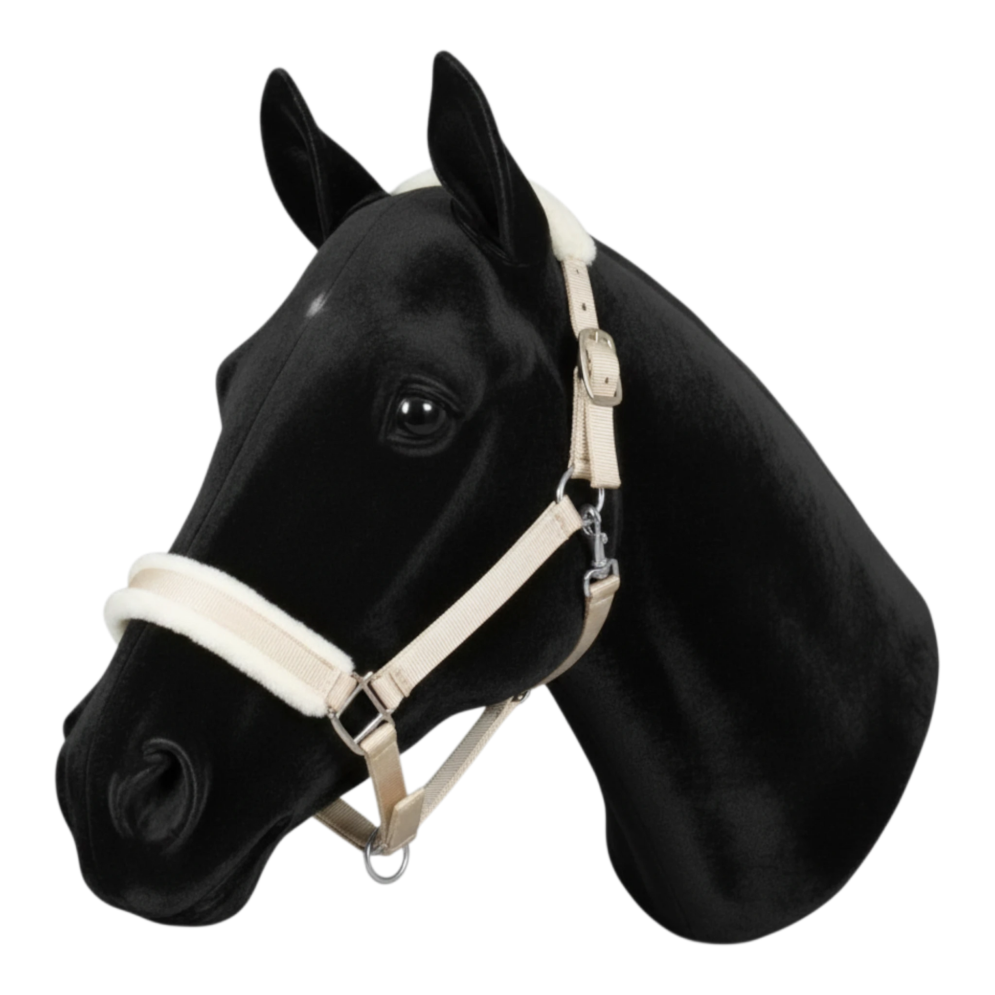 TdeT beige synthetic sheepskin horse halter with adjustable straps and brass hardware on a black horse head model.